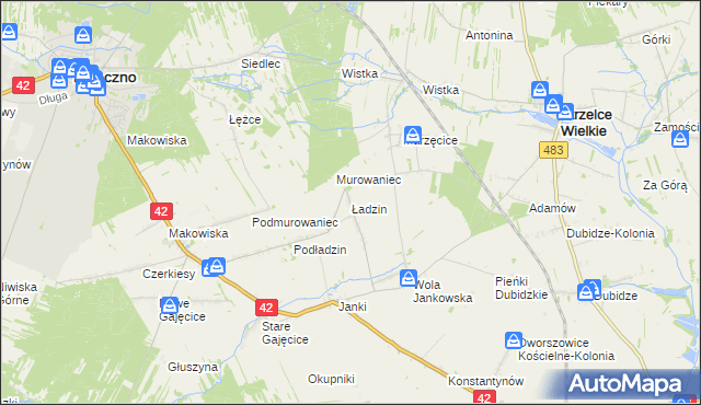 mapa Ładzin gmina Pajęczno, Ładzin gmina Pajęczno na mapie Targeo