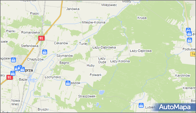 mapa Łazy Duże gmina Rozprza, Łazy Duże gmina Rozprza na mapie Targeo