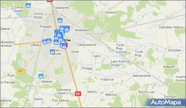 mapa Łazy gmina Łuków, Łazy gmina Łuków na mapie Targeo