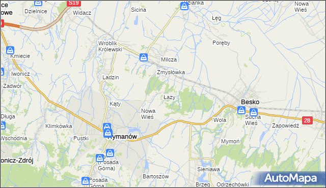 mapa Łazy gmina Rymanów, Łazy gmina Rymanów na mapie Targeo