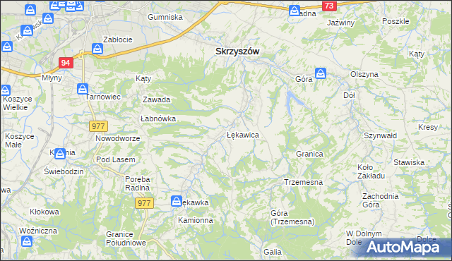 mapa Łękawica gmina Skrzyszów, Łękawica gmina Skrzyszów na mapie Targeo