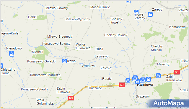 mapa Leśniewo gmina Karniewo, Leśniewo gmina Karniewo na mapie Targeo