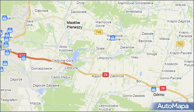 mapa Leszczyny gmina Górno, Leszczyny gmina Górno na mapie Targeo