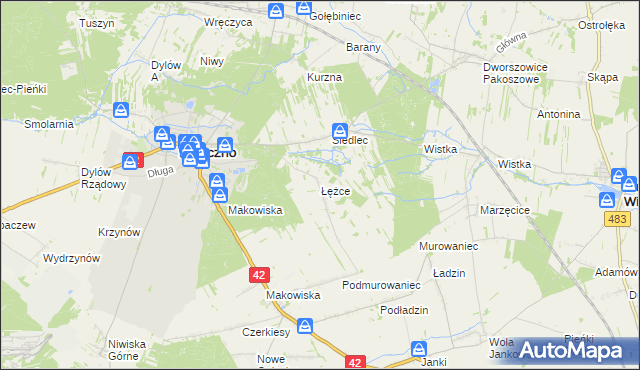 mapa Łężce gmina Pajęczno, Łężce gmina Pajęczno na mapie Targeo