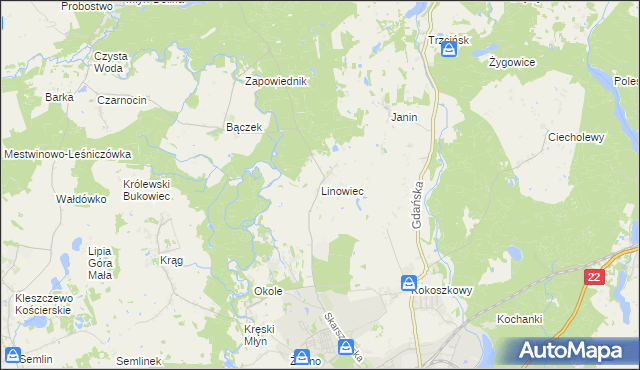 mapa Linowiec gmina Starogard Gdański, Linowiec gmina Starogard Gdański na mapie Targeo