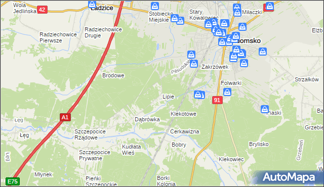 mapa Lipie gmina Radomsko, Lipie gmina Radomsko na mapie Targeo