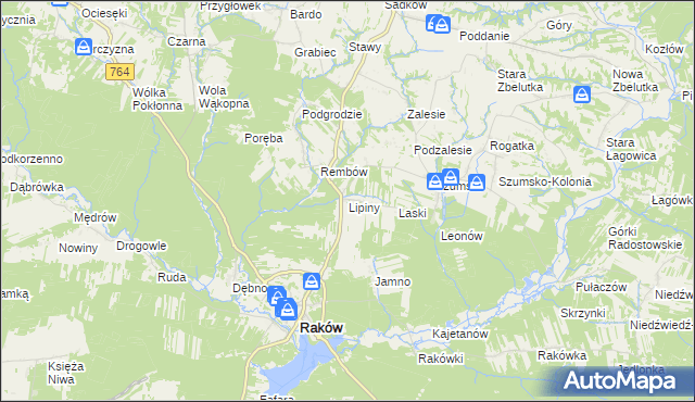 mapa Lipiny gmina Raków, Lipiny gmina Raków na mapie Targeo