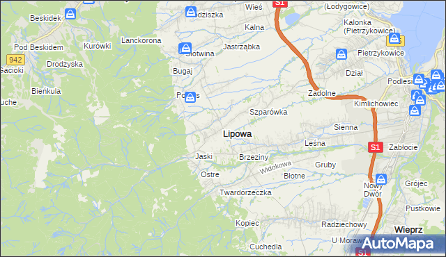 mapa Lipowa powiat żywiecki, Lipowa powiat żywiecki na mapie Targeo