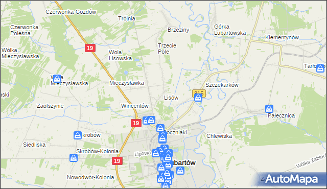 mapa Lisów gmina Lubartów, Lisów gmina Lubartów na mapie Targeo