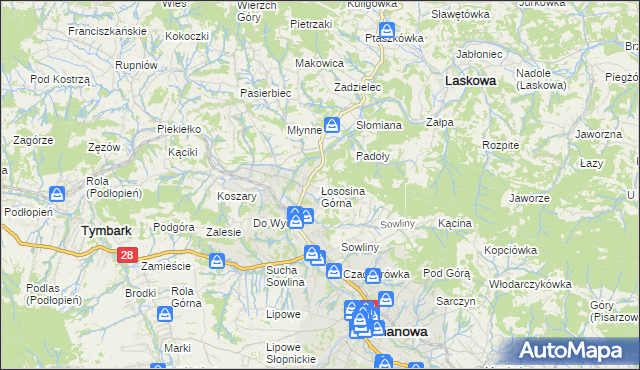 mapa Łososina Górna, Łososina Górna na mapie Targeo