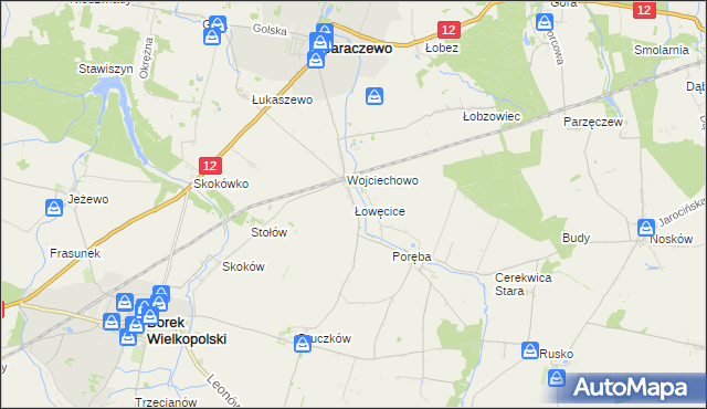 mapa Łowęcice gmina Jaraczewo, Łowęcice gmina Jaraczewo na mapie Targeo