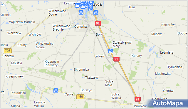 mapa Lubień gmina Łęczyca, Lubień gmina Łęczyca na mapie Targeo