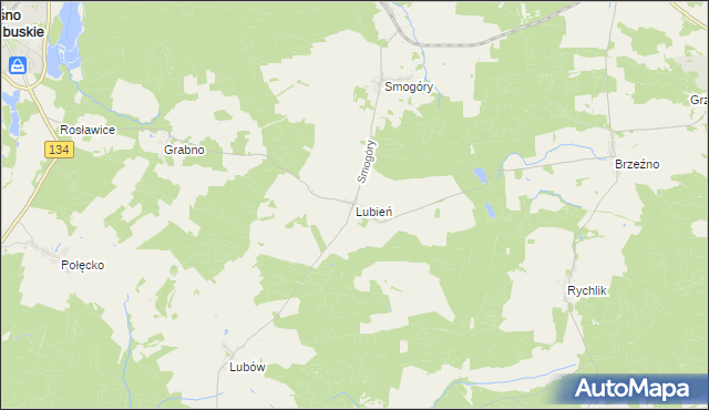 mapa Lubień gmina Ośno Lubuskie, Lubień gmina Ośno Lubuskie na mapie Targeo