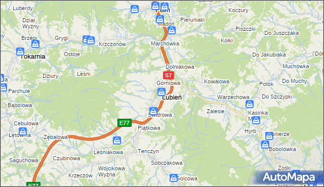 mapa Lubień powiat myślenicki, Lubień powiat myślenicki na mapie Targeo