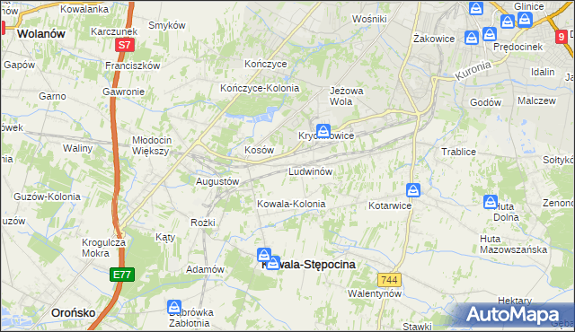 mapa Ludwinów gmina Kowala, Ludwinów gmina Kowala na mapie Targeo