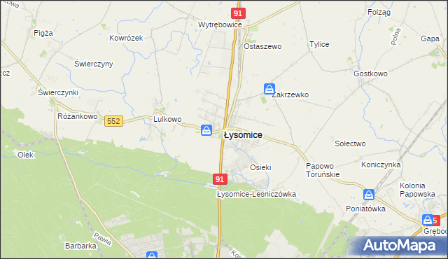 mapa Łysomice powiat toruński, Łysomice powiat toruński na mapie Targeo