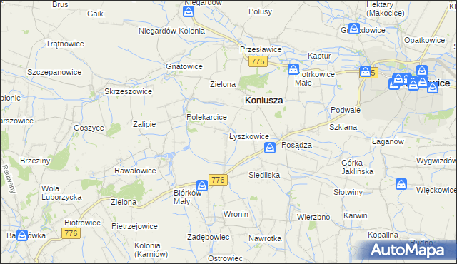 mapa Łyszkowice gmina Koniusza, Łyszkowice gmina Koniusza na mapie Targeo