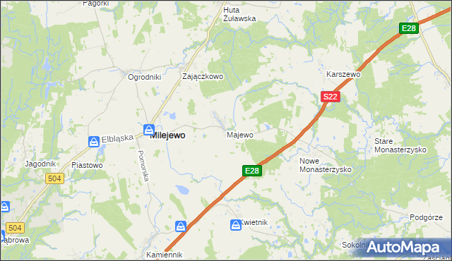 mapa Majewo gmina Milejewo, Majewo gmina Milejewo na mapie Targeo