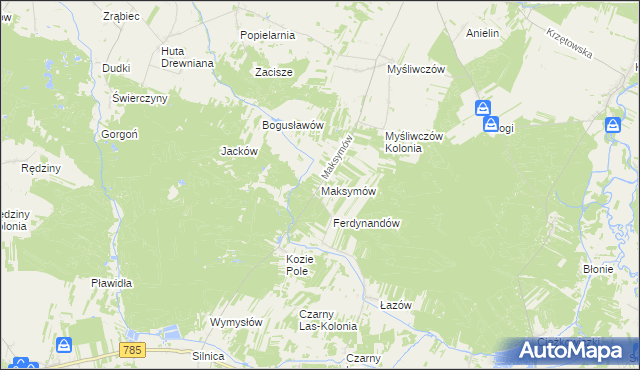 mapa Maksymów gmina Wielgomłyny, Maksymów gmina Wielgomłyny na mapie Targeo