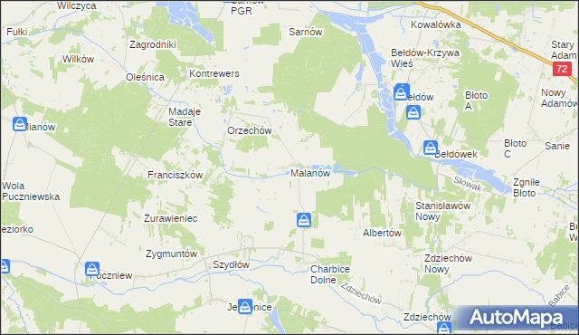 mapa Malanów gmina Lutomiersk, Malanów gmina Lutomiersk na mapie Targeo