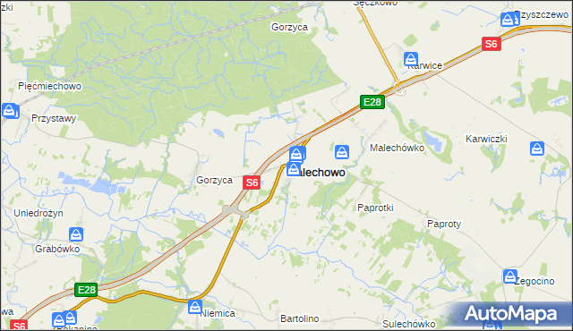 mapa Malechowo powiat sławieński, Malechowo powiat sławieński na mapie Targeo