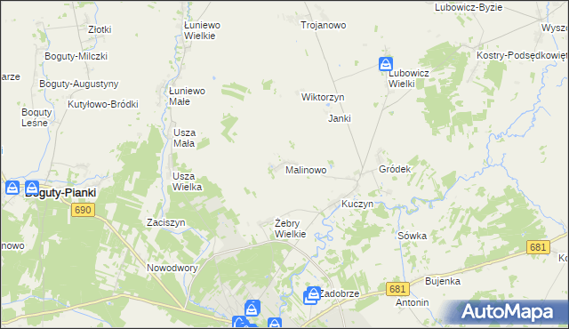 mapa Malinowo gmina Klukowo, Malinowo gmina Klukowo na mapie Targeo