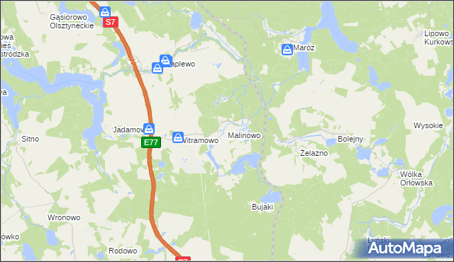 mapa Malinowo gmina Olsztynek, Malinowo gmina Olsztynek na mapie Targeo