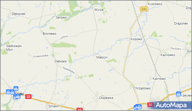 mapa Małocin gmina Nakło nad Notecią, Małocin gmina Nakło nad Notecią na mapie Targeo