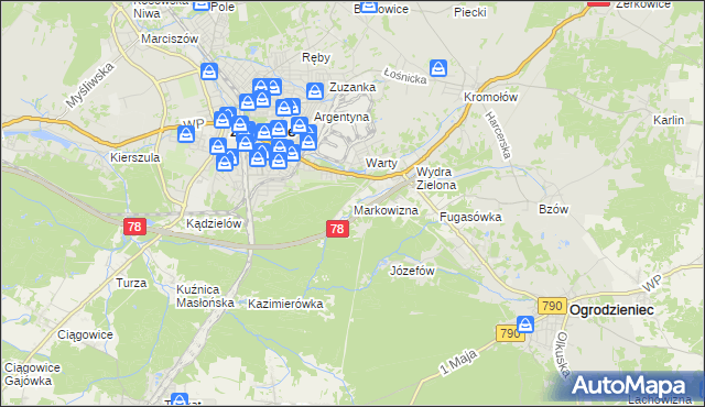 mapa Markowizna gmina Ogrodzieniec, Markowizna gmina Ogrodzieniec na mapie Targeo