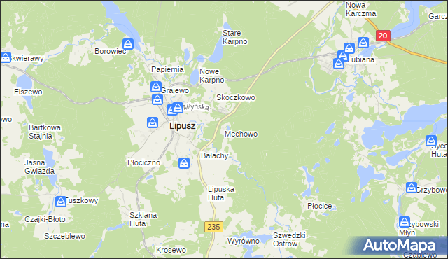 mapa Mechowo gmina Lipusz, Mechowo gmina Lipusz na mapie Targeo