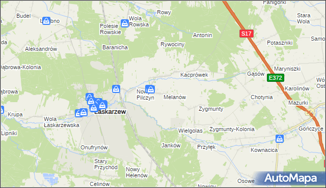 mapa Melanów gmina Łaskarzew, Melanów gmina Łaskarzew na mapie Targeo