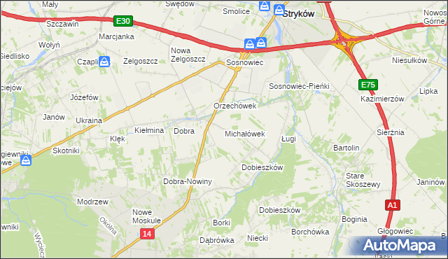 mapa Michałówek gmina Stryków, Michałówek gmina Stryków na mapie Targeo