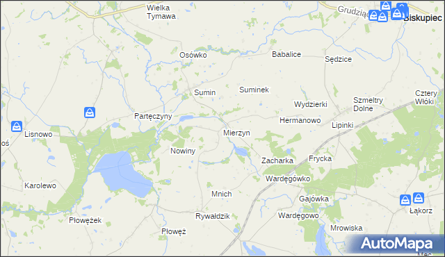 mapa Mierzyn gmina Biskupiec, Mierzyn gmina Biskupiec na mapie Targeo