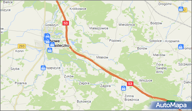 mapa Miłaków gmina Nowe Miasteczko, Miłaków gmina Nowe Miasteczko na mapie Targeo