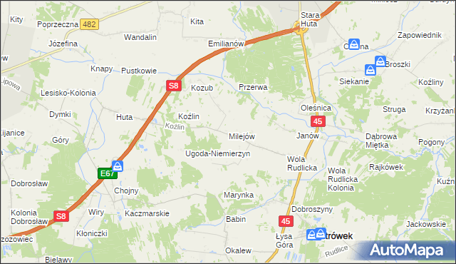 mapa Milejów gmina Ostrówek, Milejów gmina Ostrówek na mapie Targeo