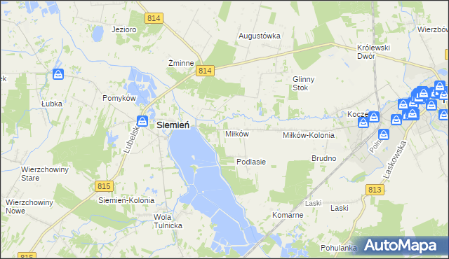 mapa Miłków gmina Siemień, Miłków gmina Siemień na mapie Targeo