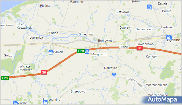 mapa Miłogoszcz gmina Będzino, Miłogoszcz gmina Będzino na mapie Targeo