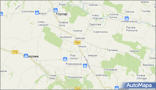 mapa Milonki gmina Trzyciąż, Milonki gmina Trzyciąż na mapie Targeo