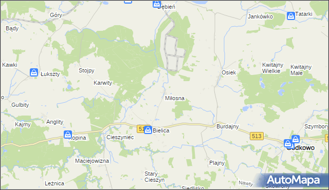 mapa Miłosna gmina Godkowo, Miłosna gmina Godkowo na mapie Targeo