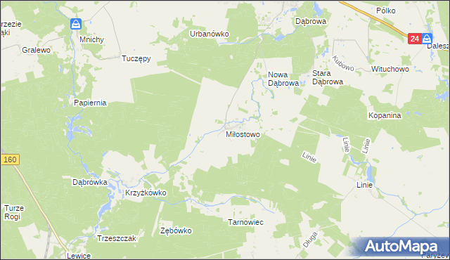 mapa Miłostowo gmina Kwilcz, Miłostowo gmina Kwilcz na mapie Targeo