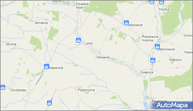 mapa Miłowice gmina Dziadowa Kłoda, Miłowice gmina Dziadowa Kłoda na mapie Targeo