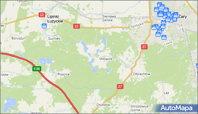 mapa Miłowice gmina Żary, Miłowice gmina Żary na mapie Targeo