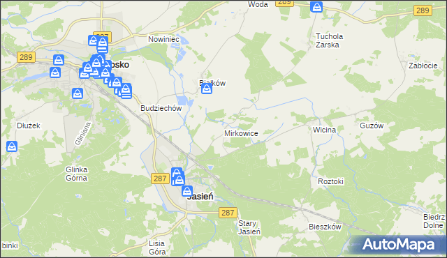 mapa Mirkowice gmina Jasień, Mirkowice gmina Jasień na mapie Targeo