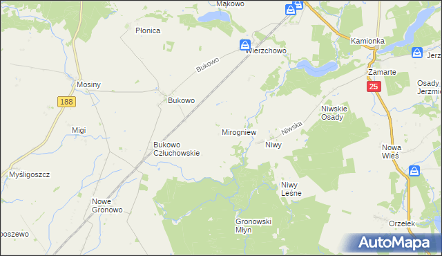 mapa Mirogniew gmina Człuchów, Mirogniew gmina Człuchów na mapie Targeo