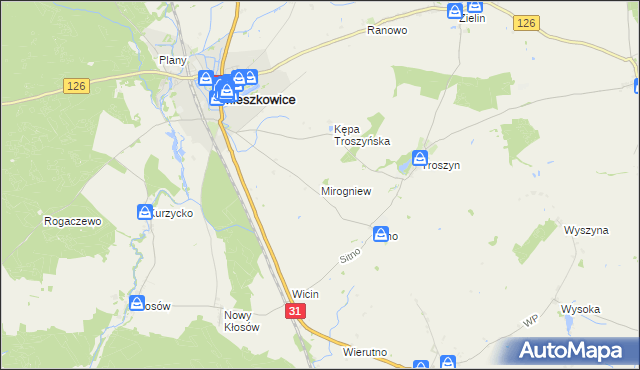 mapa Mirogniew gmina Mieszkowice, Mirogniew gmina Mieszkowice na mapie Targeo