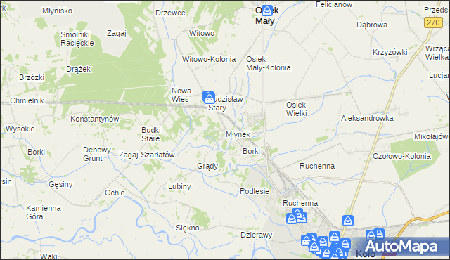 mapa Młynek gmina Osiek Mały, Młynek gmina Osiek Mały na mapie Targeo