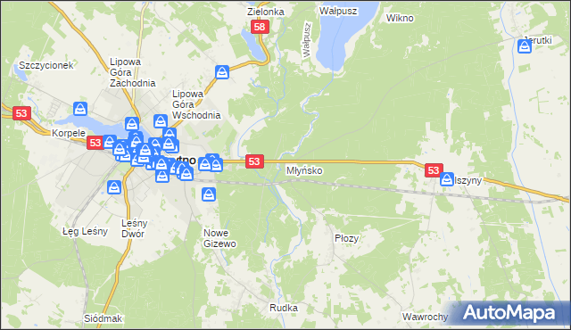 mapa Młyńsko gmina Szczytno, Młyńsko gmina Szczytno na mapie Targeo