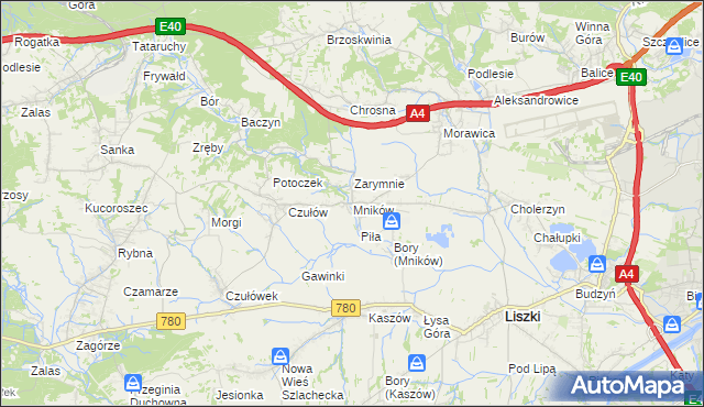 mapa Mników gmina Liszki, Mników gmina Liszki na mapie Targeo