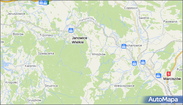 mapa Mniszków gmina Janowice Wielkie, Mniszków gmina Janowice Wielkie na mapie Targeo