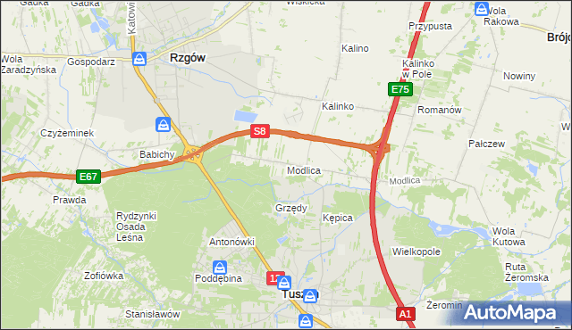 mapa Modlica gmina Tuszyn, Modlica gmina Tuszyn na mapie Targeo